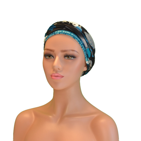 Handgemaakte chemo muts Betty turquoise zwart maat S