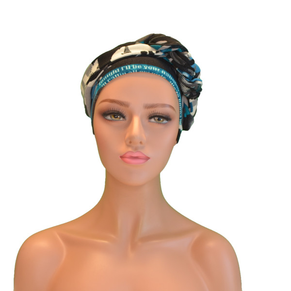 Handgemaakte chemo muts Betty turquoise zwart maat S