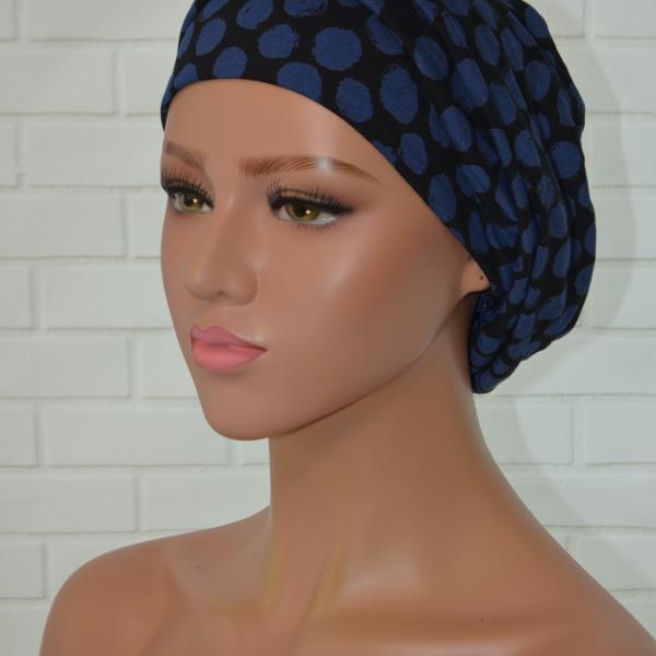 Handgemaakte chemo muts Bonnie zwart blauw tinten maat M