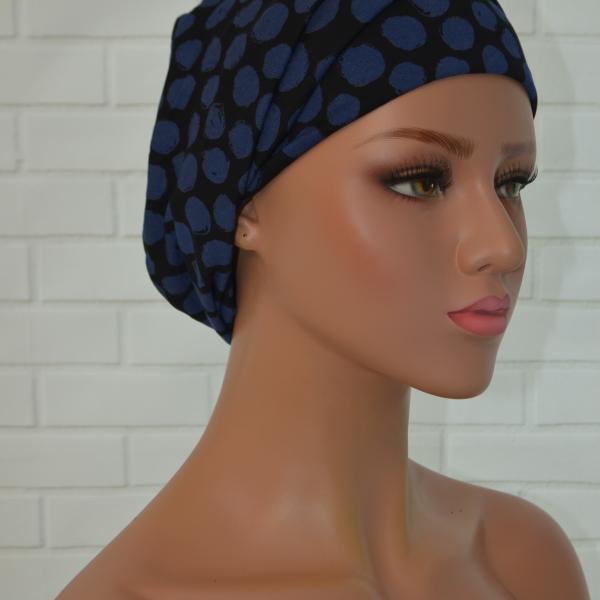 Handgemaakte chemo muts Bonnie zwart blauw tinten maat M