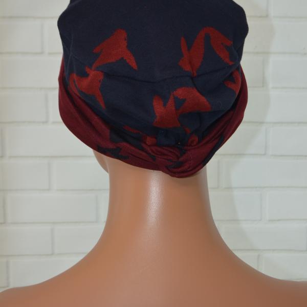 Handgemaakte chemo muts Brina bordeaux blauw/blauw bordeaux maat L