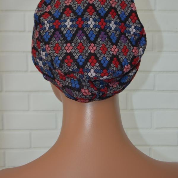 Handgemaakte chemo muts Brina grijs zwart / grijs rood blauw maat S