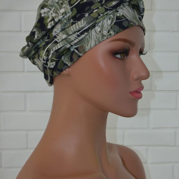 Handgemaakte chemo muts Brina blauw wit / groen maat M