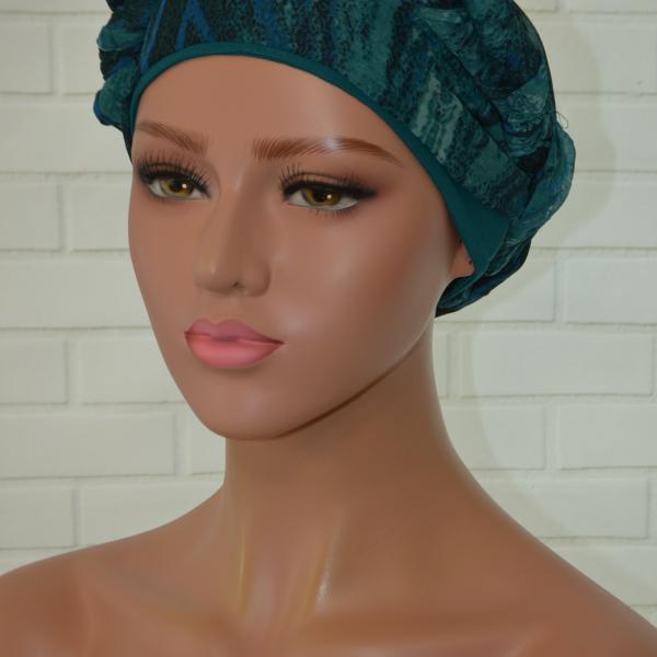 Handgemaakte chemo muts met sjaal Bella turquoise tinten maat M.