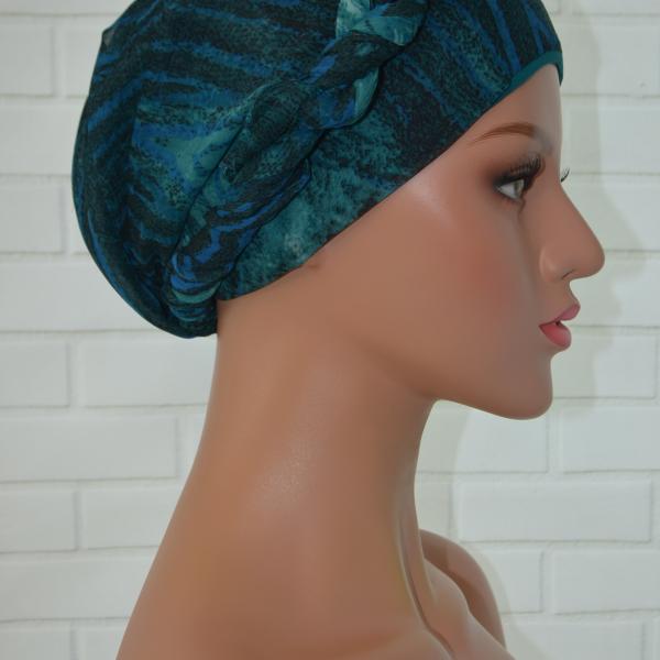 Handgemaakte chemo muts met sjaal Bella turquoise tinten maat M.