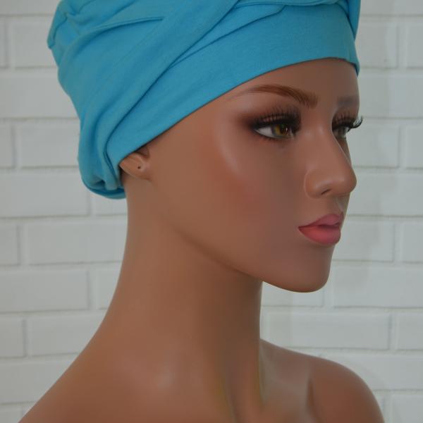 Handgemaakte chemo muts Bahar uni turquoise maat L