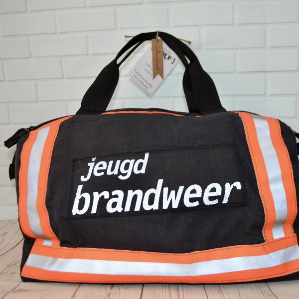 Stoere handgemaakte brandweertas met oranje striping jeugdbrandweer