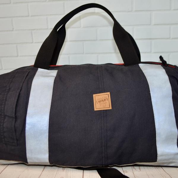 Stoere handgemaakte brandweertas met grijze originele striping